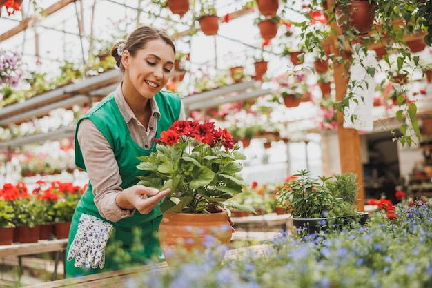 花の温室で鉢植えの花の世話をしている緑のエプロンを着て笑顔の若い女性起業家。