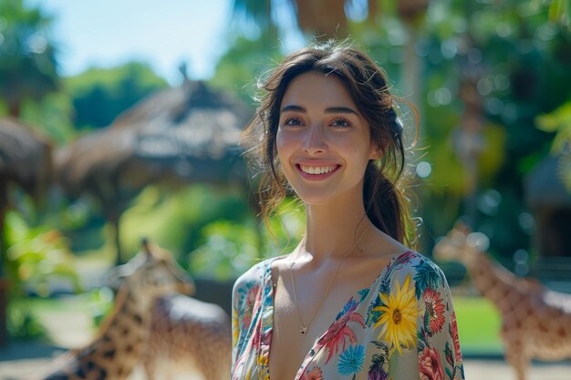 Smiling Young Woman in Floral Dress with Giraffes in Sunny Tropical Environment