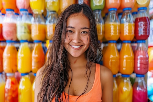 Smiling Young Woman in Front of Colorful Beverage Bottles Display at a Market