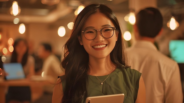 Улыбающаяся молодая женщина в очках с планшетом в руках, стоящая в оживленном офисе.