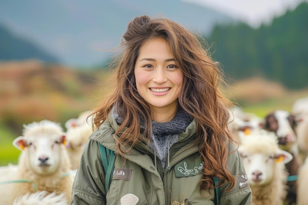 Smiling Young Woman in Green Jacket Posing with Flock of Sheep in Pastoral Countryside Setting