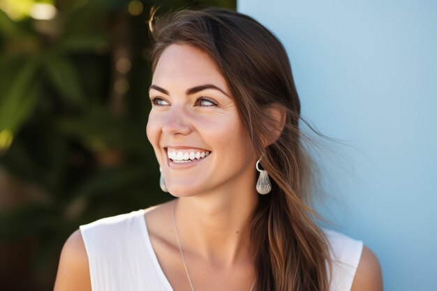 Smiling young woman on grey wall background Beauty and hairstyle