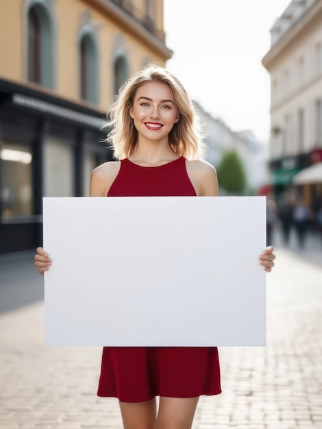 Foto una giovane donna sorridente che tiene in mano un bianco vuoto