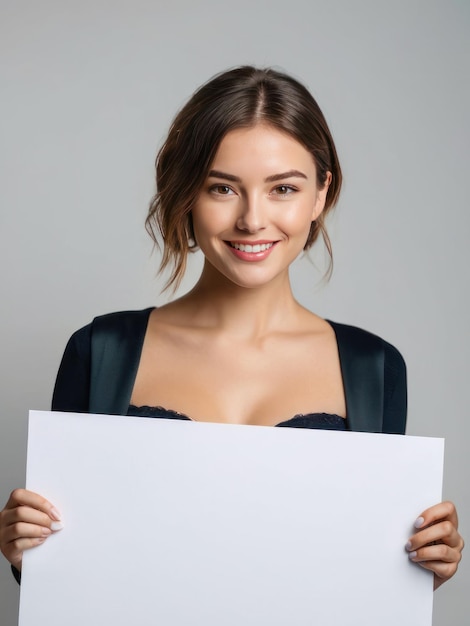 Smiling young woman holding a blank white