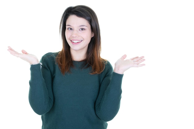 Smiling young woman holding copyspace on both palm