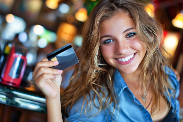 Photo smiling young woman holding a credit card ready for online shopping