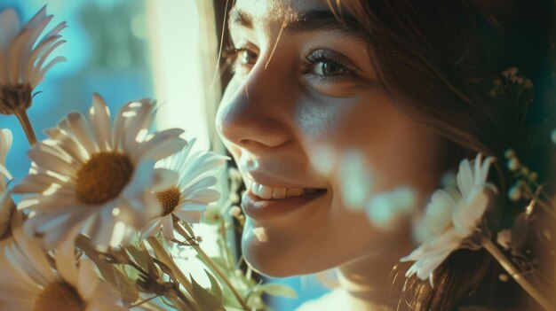 Photo smiling young woman holding flower bouquet in hand