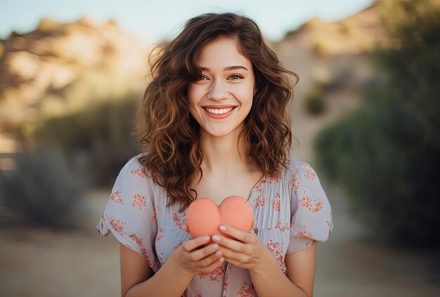 写真 笑顔の若い女性がピンクの背景写真に心の形を掲げています