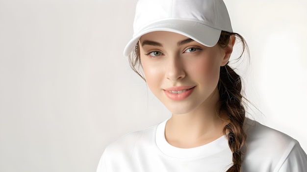 Фото Улыбающаяся молодая женщина в белой шапке и футболке портрет в обычном стиле простой чистый вид с дружелюбной атмосферой идеально подходит для образа жизни использование ии