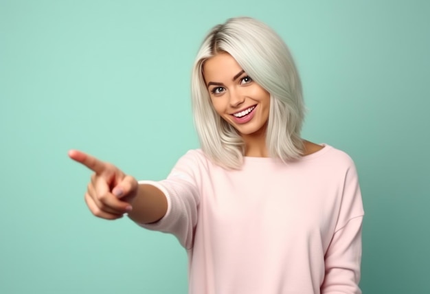 Foto una giovane donna sorridente sta posando contro uno sfondo vivido