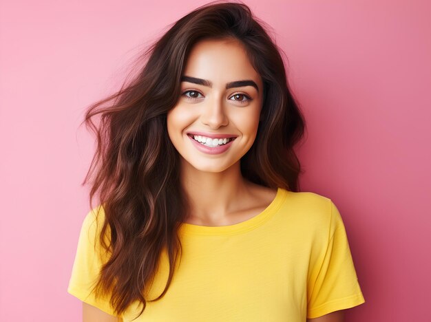 Smiling Young Woman is Posing for a Selfie on a Yellow