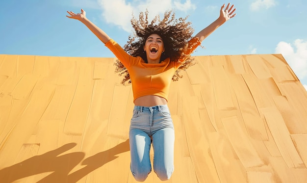 Smiling young woman jumping on sunny day