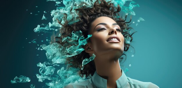 Foto una giovane donna sorridente che guarda lontano nello studio blu.