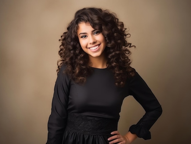 Smiling young woman of Mexican descent dressed in elegant dress on gray background