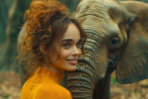 オレンジ色のセーターを着た笑顔の若い女性が茂った場所で優しいゾウと近づくのを楽しんでいます