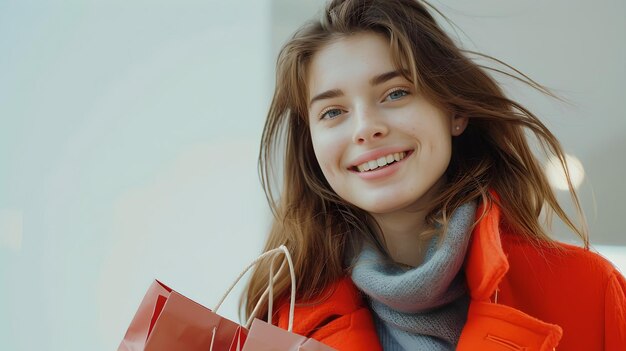 Smiling young woman in red coat enjoying shopping spree casual winter fashion youthful fresh outdoor portrait retail therapy concept AI