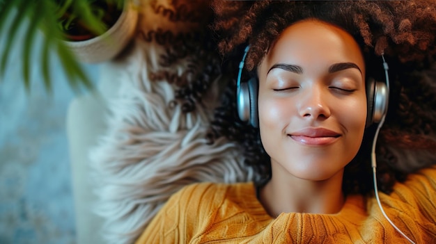 Smiling young woman relaxing with listening music by headphones AI generated image