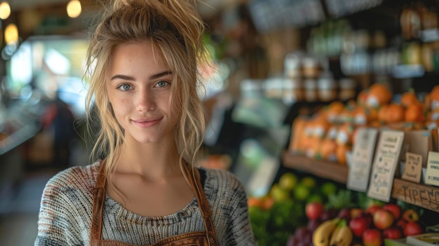 Foto una giovane venditrice sorridente al mercato su uno sfondo sfocato