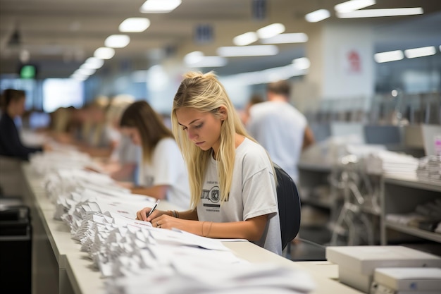 Smiling young woman sitting at her desk cheerfully reviewing important documents