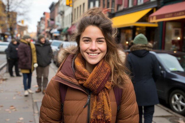 a smiling young woman standing on a city street