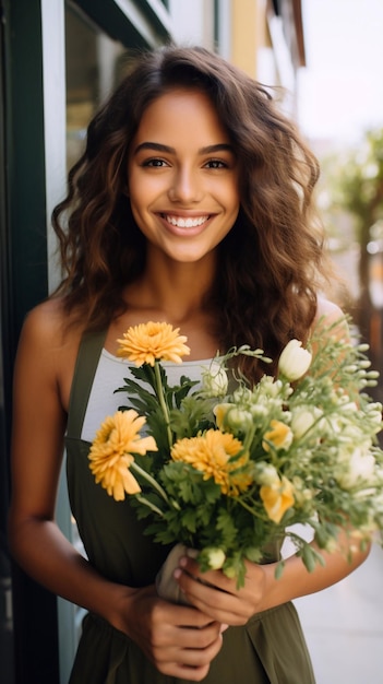 Smiling young woman standing on her patio drinking a coffee and carrying a bouquet of freshly cut f