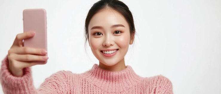 Photo 미소 짓는 젊은 여성 이 분홍색 드폰 으로 셀피 를 찍고 있다