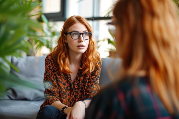 Smiling Young Woman in Therapy Session with Counselor