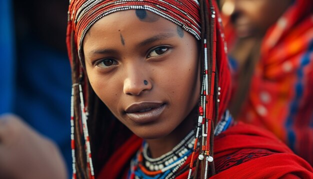 Foto giovane donna sorridente in abiti tradizionali africani generati dall'ai