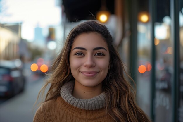 A smiling young woman in a turtleneck sweater on a city street with softfocus lights in the background