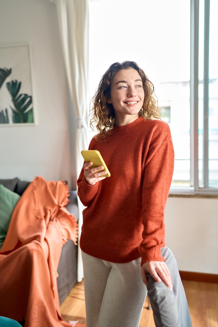 Photo smiling young woman using mobile phone standing in living room at home