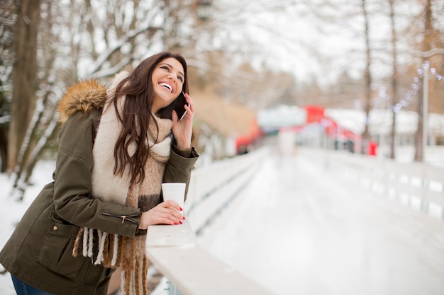 Giovane donna sorridente che utilizza telefono nel parco al giorno di inverno freddo