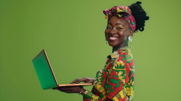 Smiling young woman in vibrant traditional attire holding a laptop modern and cultural fusion ideal for diverse tech representation AI