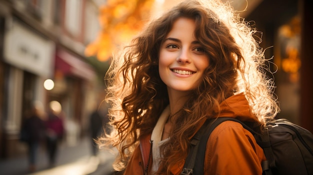 Smiling young woman walking outdoors with backpack enjoying city