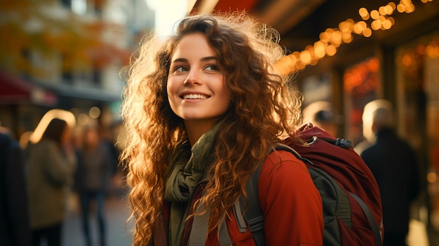 Smiling young woman walking outdoors with backpack enjoying city