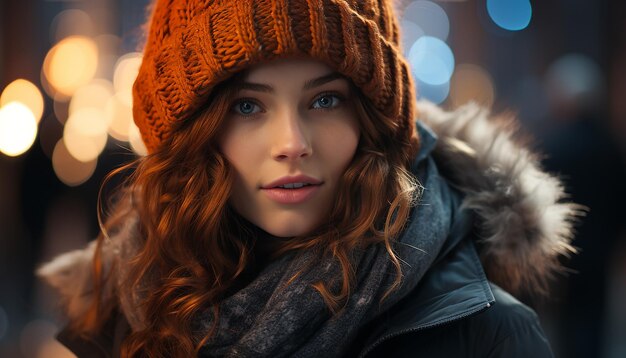 Foto giovane donna sorridente con abiti caldi d'inverno che guarda la telecamera generata dall'ai