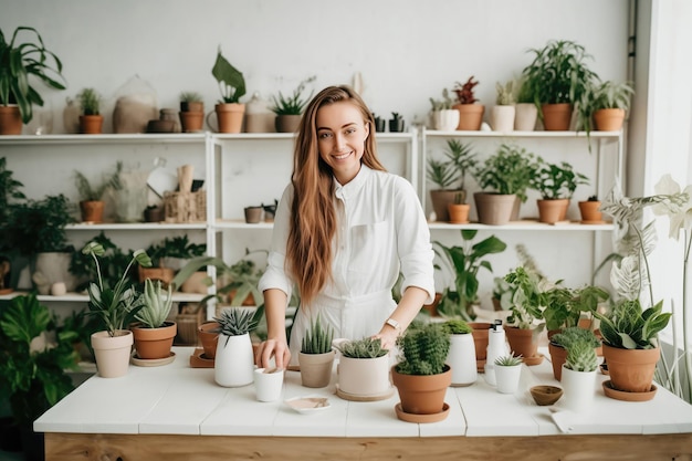 写真 笑顔の若い女性が自宅の庭で植物に水を注ぐ