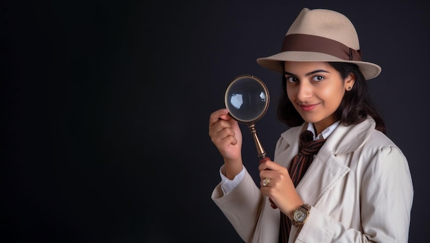 Foto una giovane donna sorridente che indossa abiti da detective di fronte allo sfondo grigio scuro