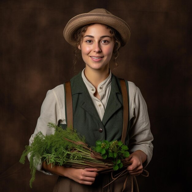 a smiling young woman wearing gardener clothes in front of dark green background