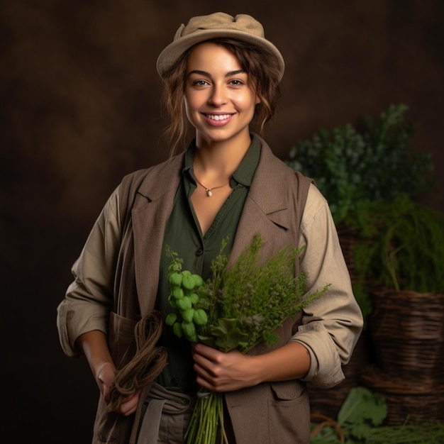 a smiling young woman wearing gardener clothes in front of dark green background