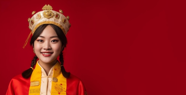 赤い背景の前で女王の服を着た笑顔の若い女性