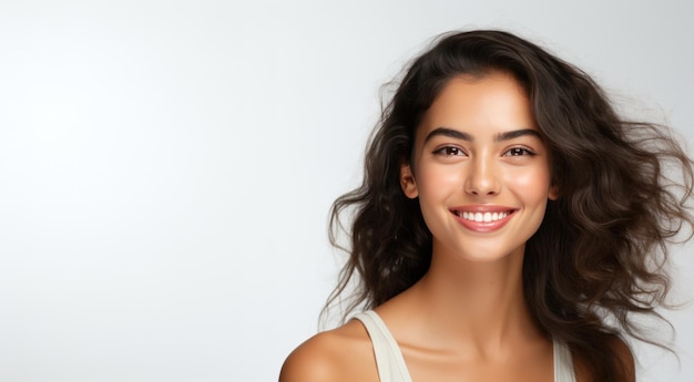 A smiling young woman wearing a white singlet