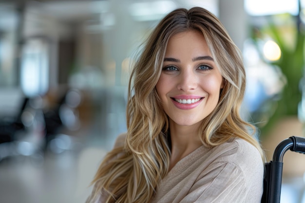 Smiling young woman in wheelchair at work in the office free space ai generated