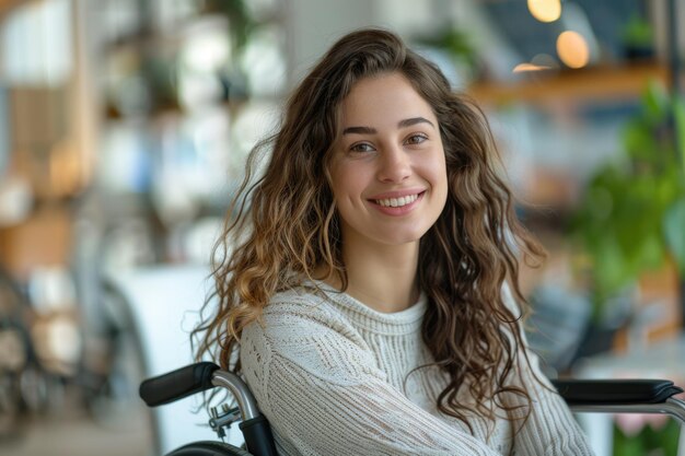 Smiling young woman in wheelchair at work in the office free space ai generated