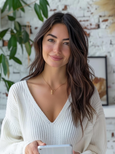 Photo smiling young woman in white sweater holding tablet in modern home interior with green plants