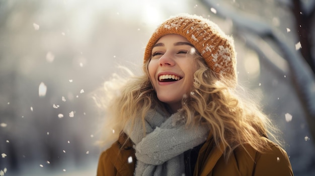 Smiling young woman in winter forest enjoying snow and nature