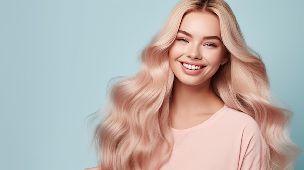 Smiling young woman with blond hair on pastel flat background with copy space