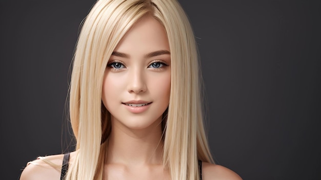 Smiling young woman with blonde long groomed hair isolated on pastel flat background with copy space Blonde hair care products banner template hair salon