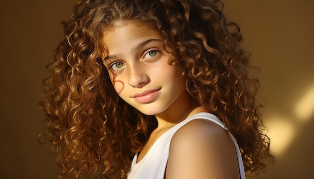 Photo smiling young woman with curly hair looking at camera generated by ai