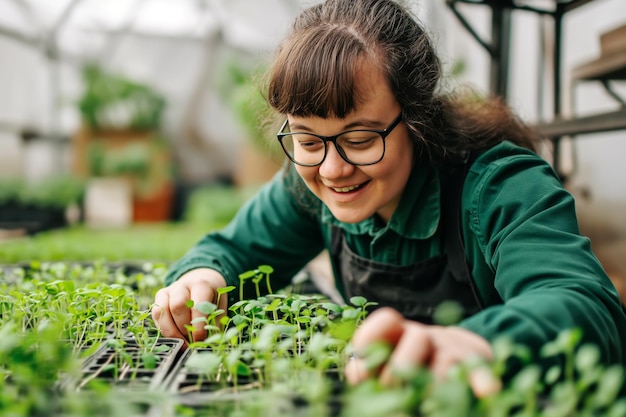 Smiling young woman with down syndrome grows young plants in a greenhouse