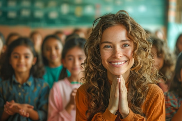 Smiling Young Woman with Hands Together in Gratitude Amongst Crowd in Warm Ambient Setting